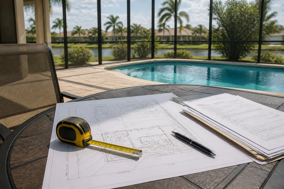 A site plan and permit paperwork on a table beside a pool enclosure