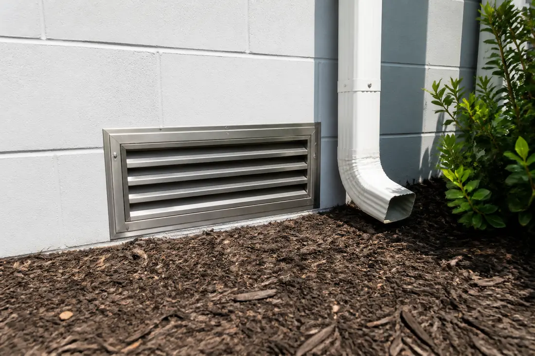 A flood vent set low in a block wall near ground level