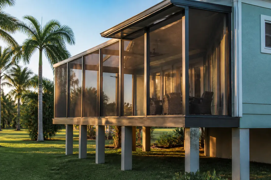 A screened lanai on a raised Southwest Florida house