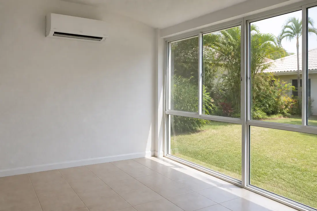 A wall-mounted ductless mini-split head high on the inside wall of a glazed sunroom