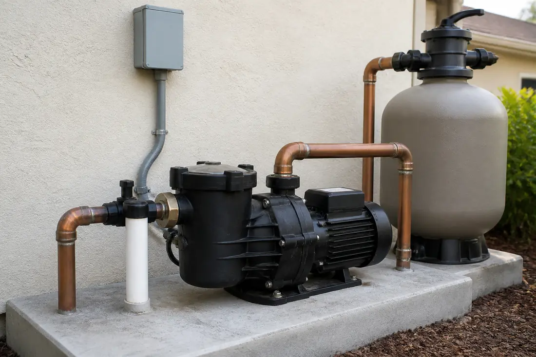 A pool pump on a slab with a weatherproof electrical box on the wall above it